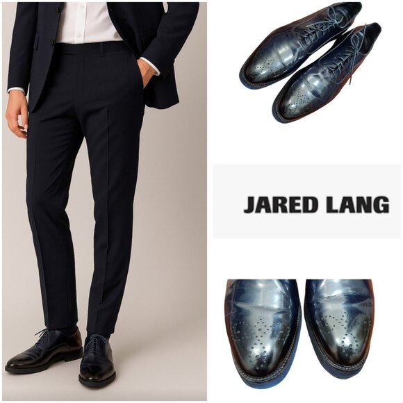 Jared Lang Men’s Wingtip Brogue Oxfords Blue Leather Dress Shoes Size 13US/EU 47 - Picture 1 of 14